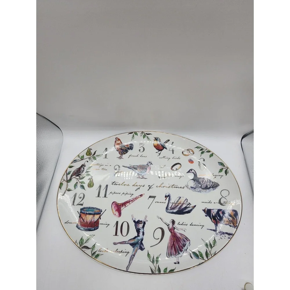 Twelve Days of Christmas Oval Serving Platter Holiday Ceramic Gold Rim White